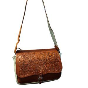 HUGE Hand Made and Hand Tooled Leather Satchel Bag Blue Ostrich Leather Accents